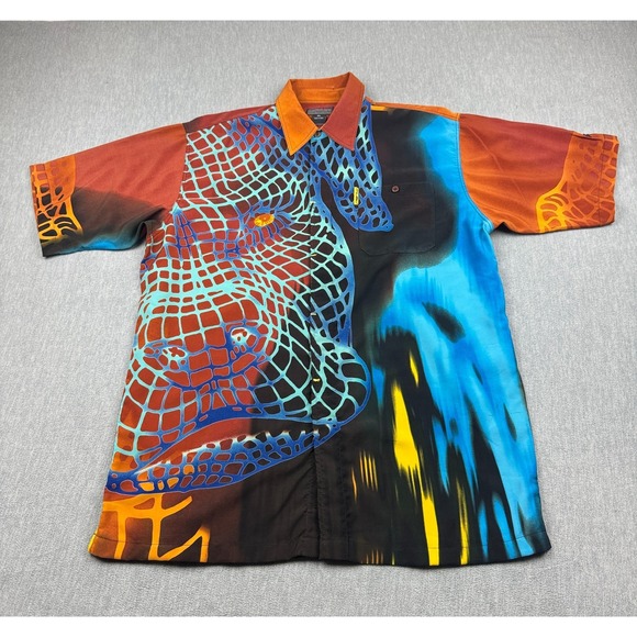 Vintage FUBU Shirt Mens Extra Large Orange Blue Abstract Digital Pitbull Dog Y2k